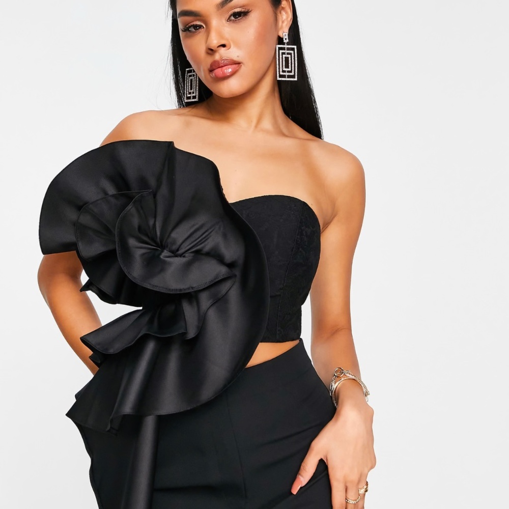 ASOS Luxe bandeau top with lace mix fan detail in black.